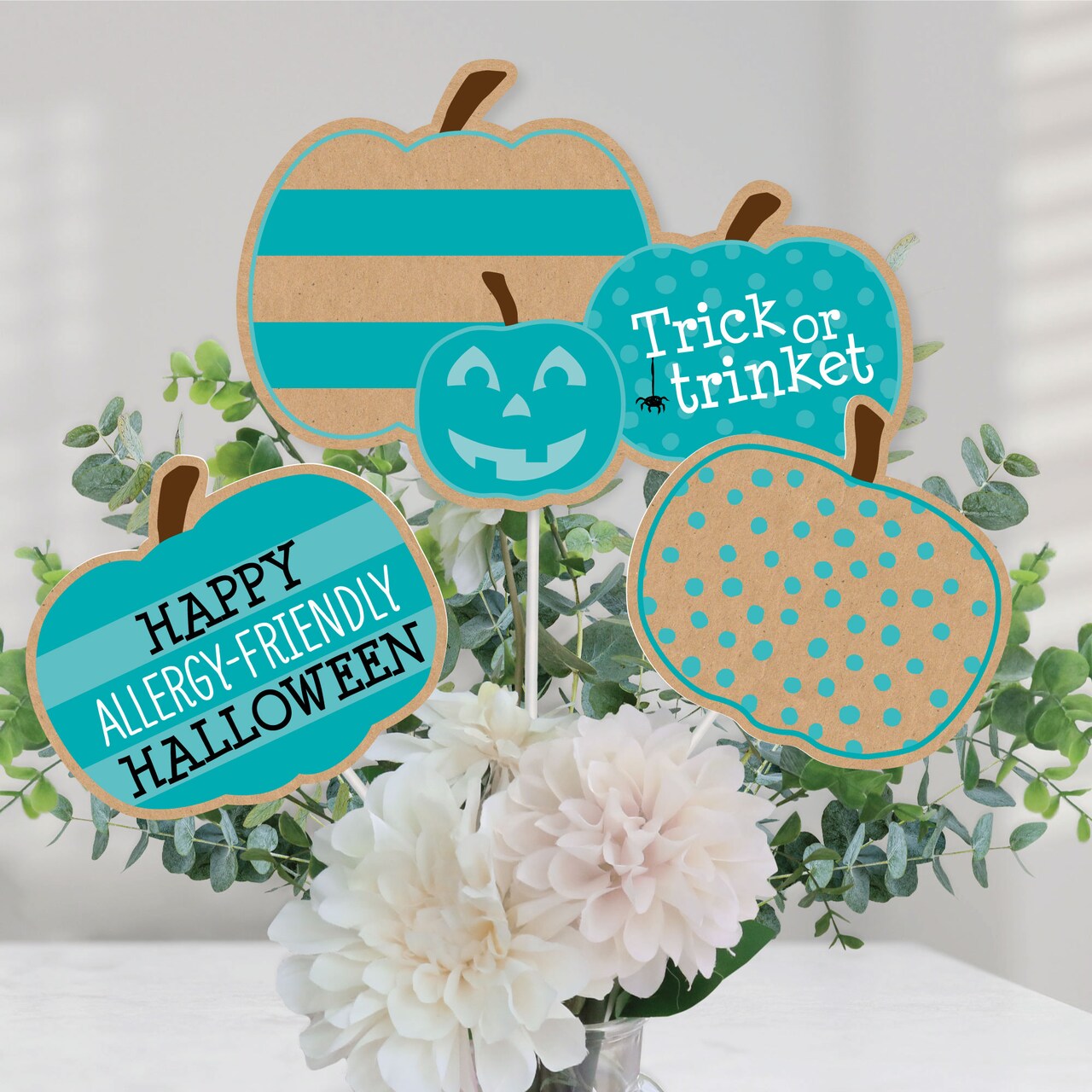Big Dot of Happiness Teal Pumpkin - Halloween Allergy Friendly Trick or Trinket Centerpiece Sticks - Table Toppers - Set of 15